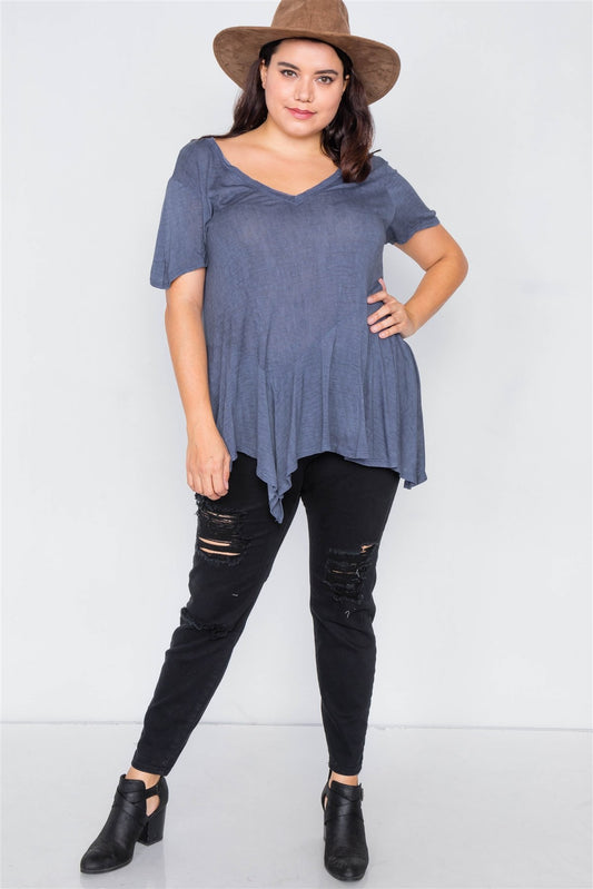 Plus Size Indigo High-low Relaxed Fit Raw Hem Top