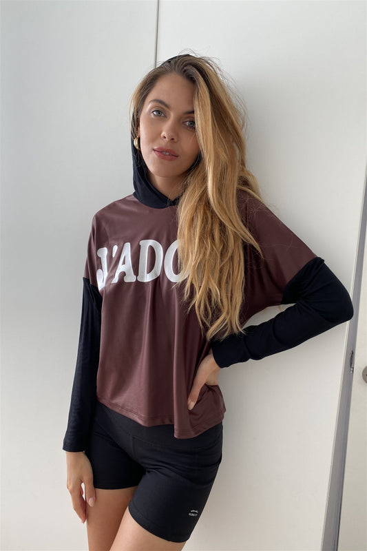 Burgundy And Black "jadore" Silver Graphic Hoodie Top