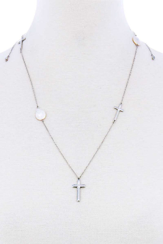 Triple Cross And Pearl Pendant Endless Necklace