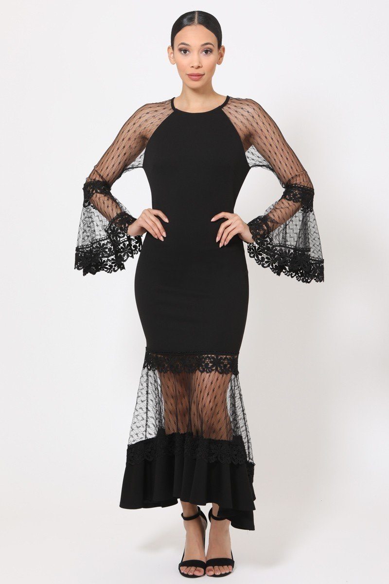 Bell Sleeve Mesh Combined Fashion Long Dress