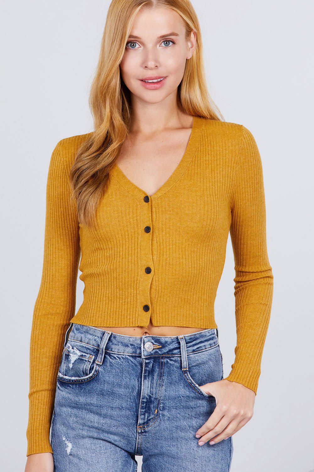 Long Sleeve V-neck W/button Down Crop Cardigan