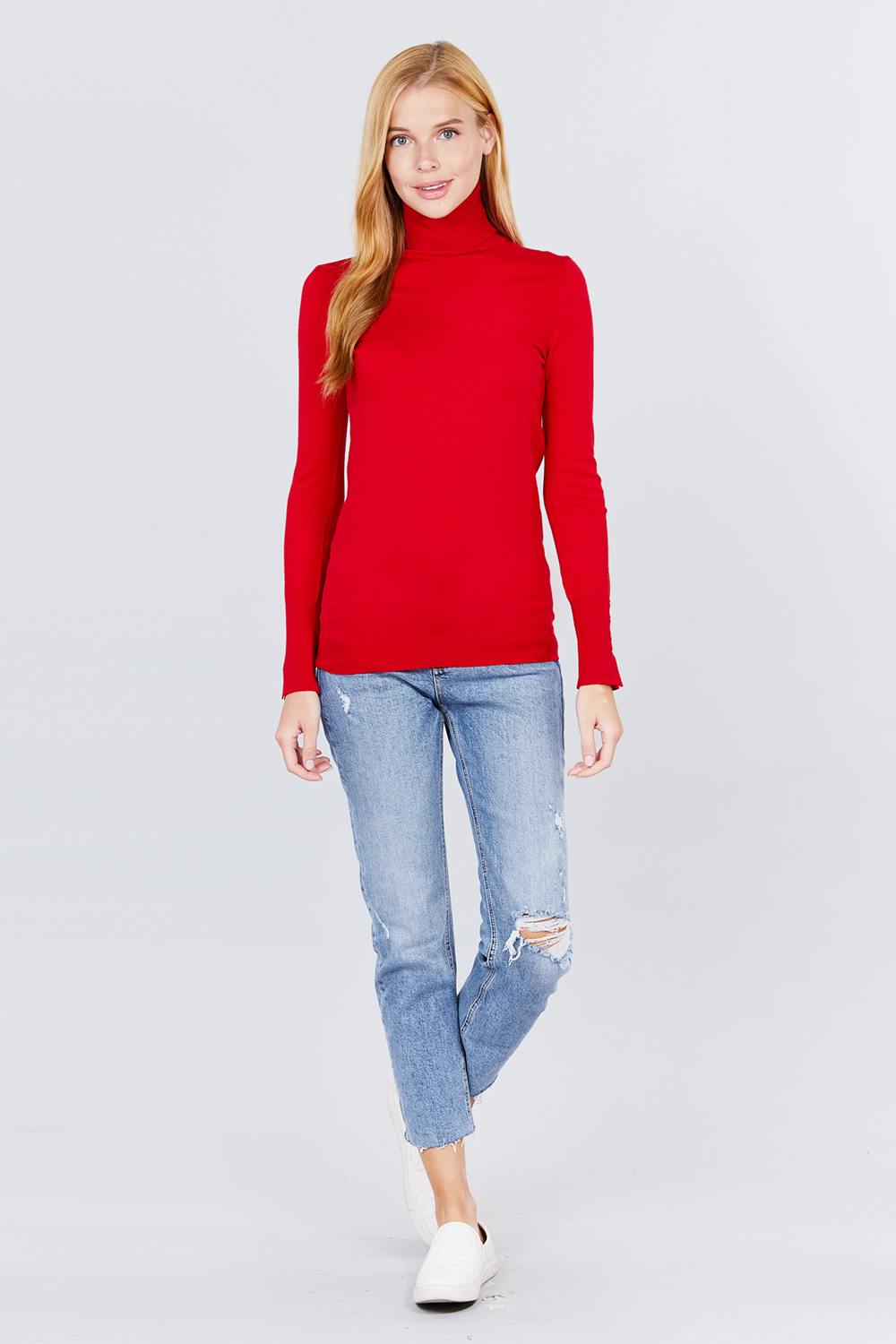 Long Sleeve With Metal Button Detail Turtle Neck Viscose Sweater