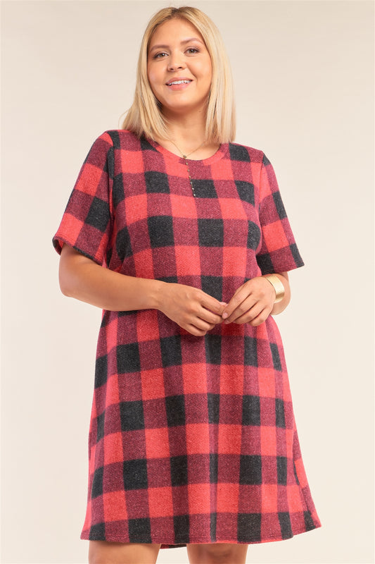 Plus Size Checkered Round Neck Short Sleeve Sweater Mini Dress