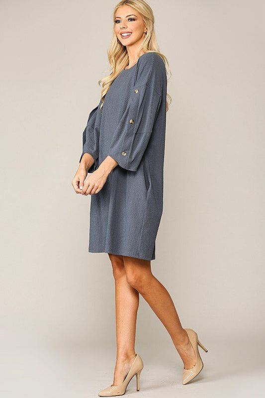 Textured Button Accent Puff Sleeve Side Pockets Shift Dress