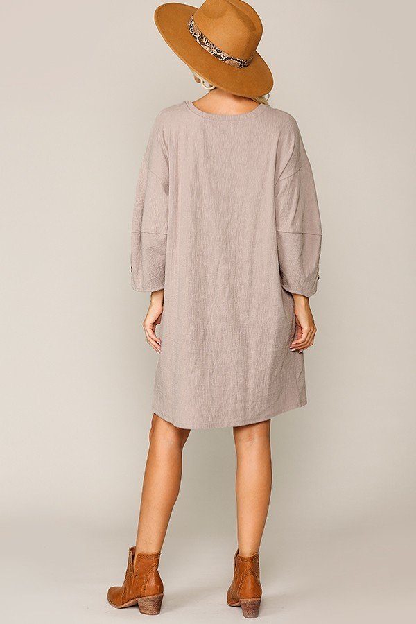 Textured Button Accent Puff Sleeve Side Pockets Shift Dress