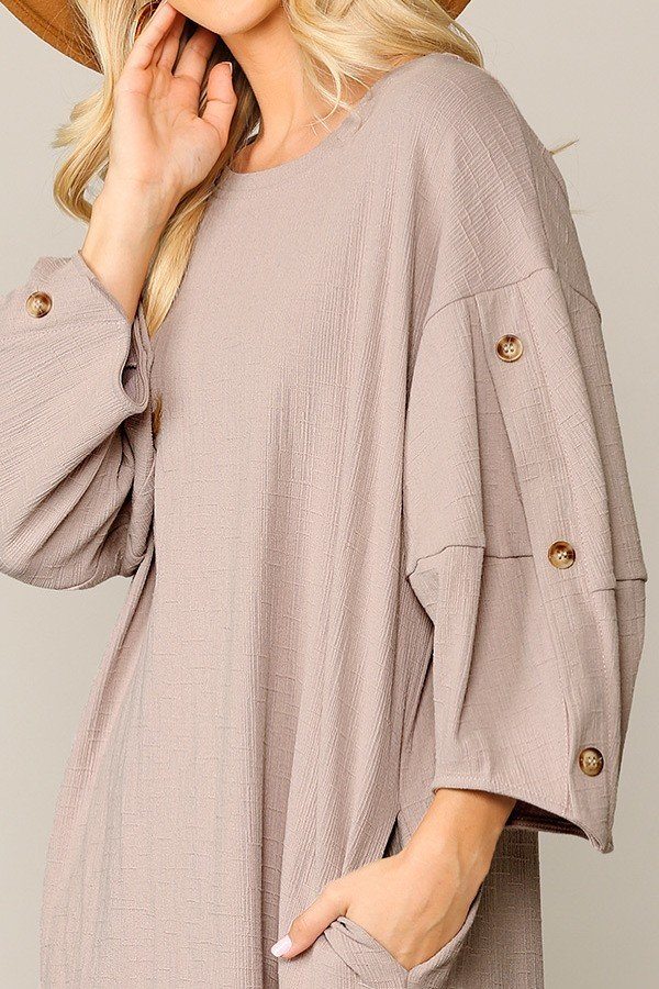 Textured Button Accent Puff Sleeve Side Pockets Shift Dress