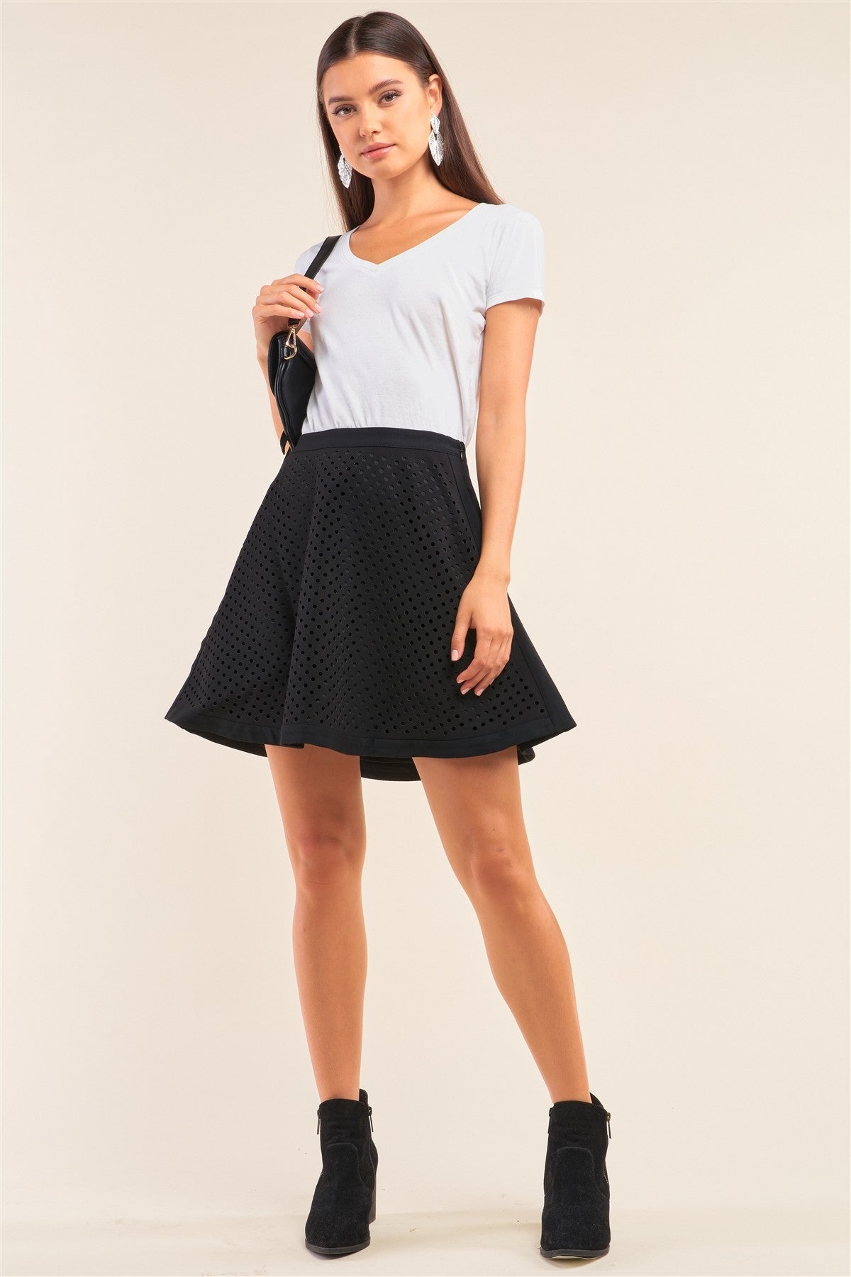 Black Laser Cut Scuba Skater A-line Mini Skirt