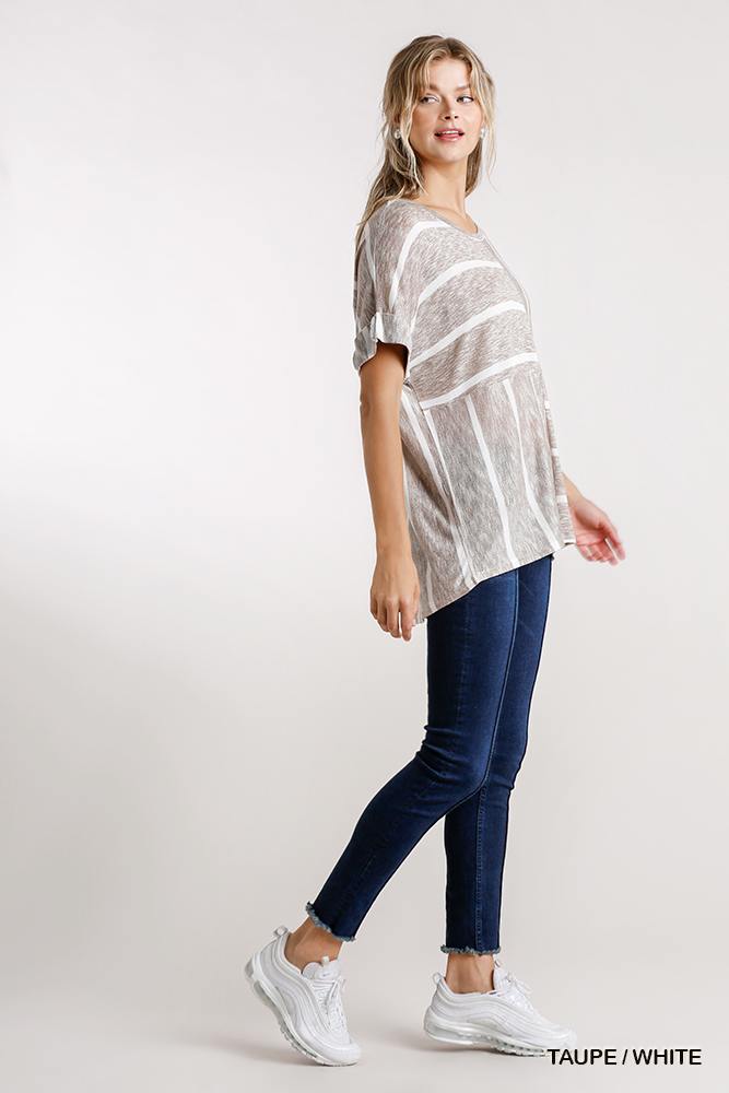 Horizontal And Vertical Striped Short Folded Sleeve Top With High Low Hem