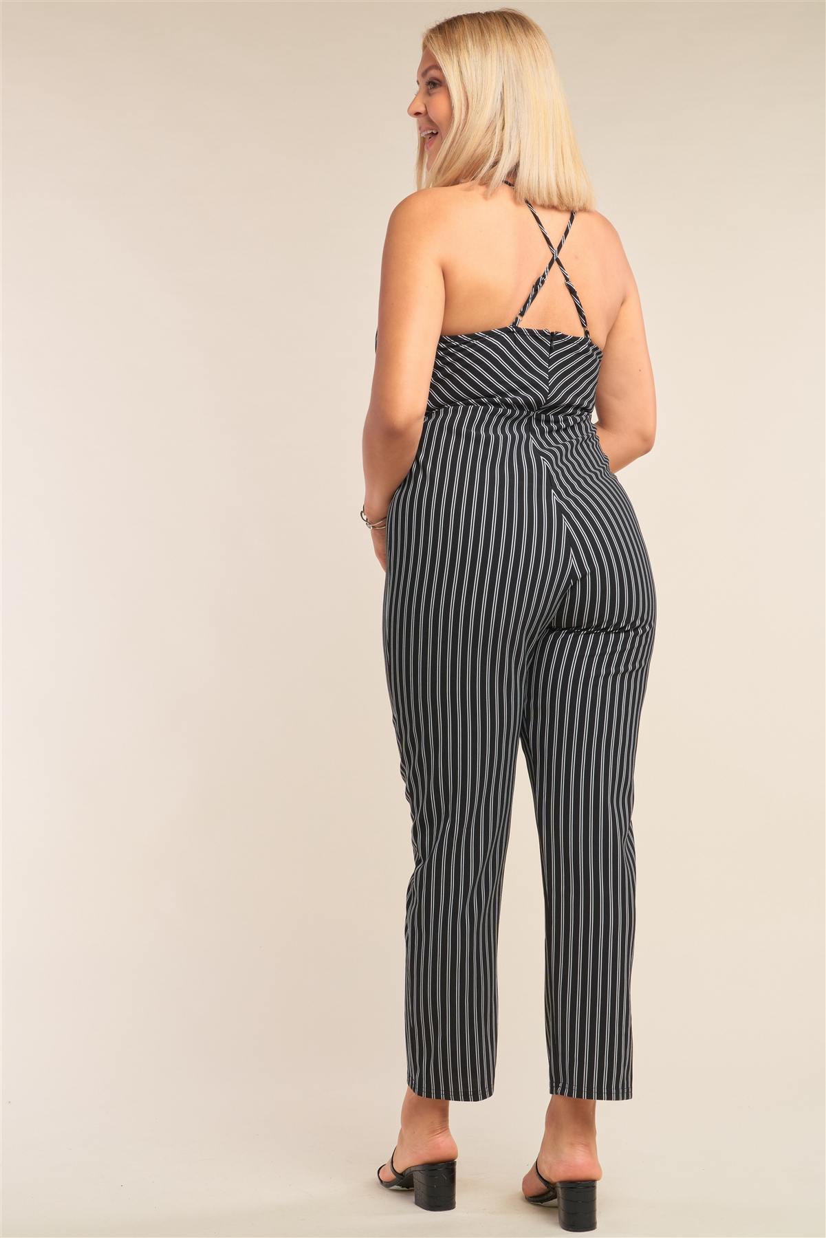 Plus Size Black & White Striped Wrap Sleeveless Criss-cross Strap Deep Plunge V-neck Jumpsuit