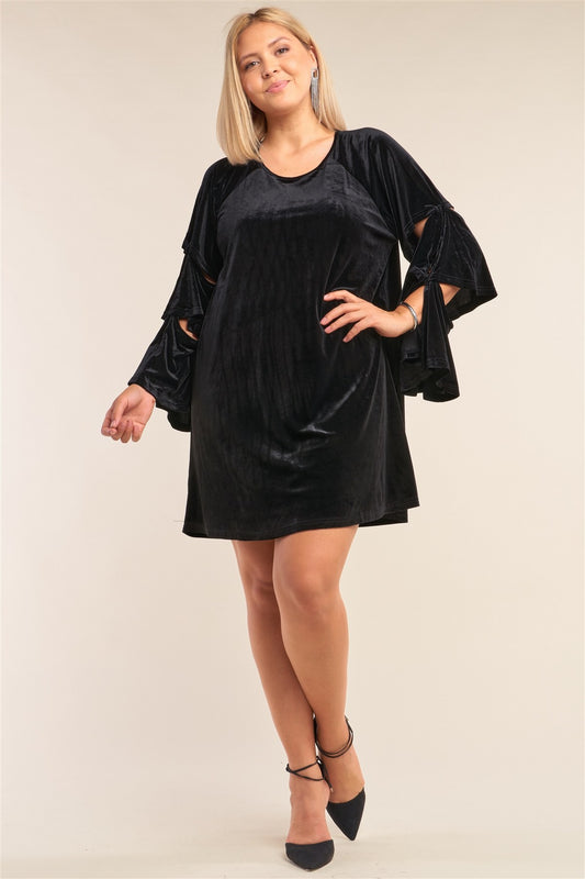 Plus Size Juliet Black Velvet Relaxed Fit Cut-out Detail Layered Long Sleeve Mini Dress