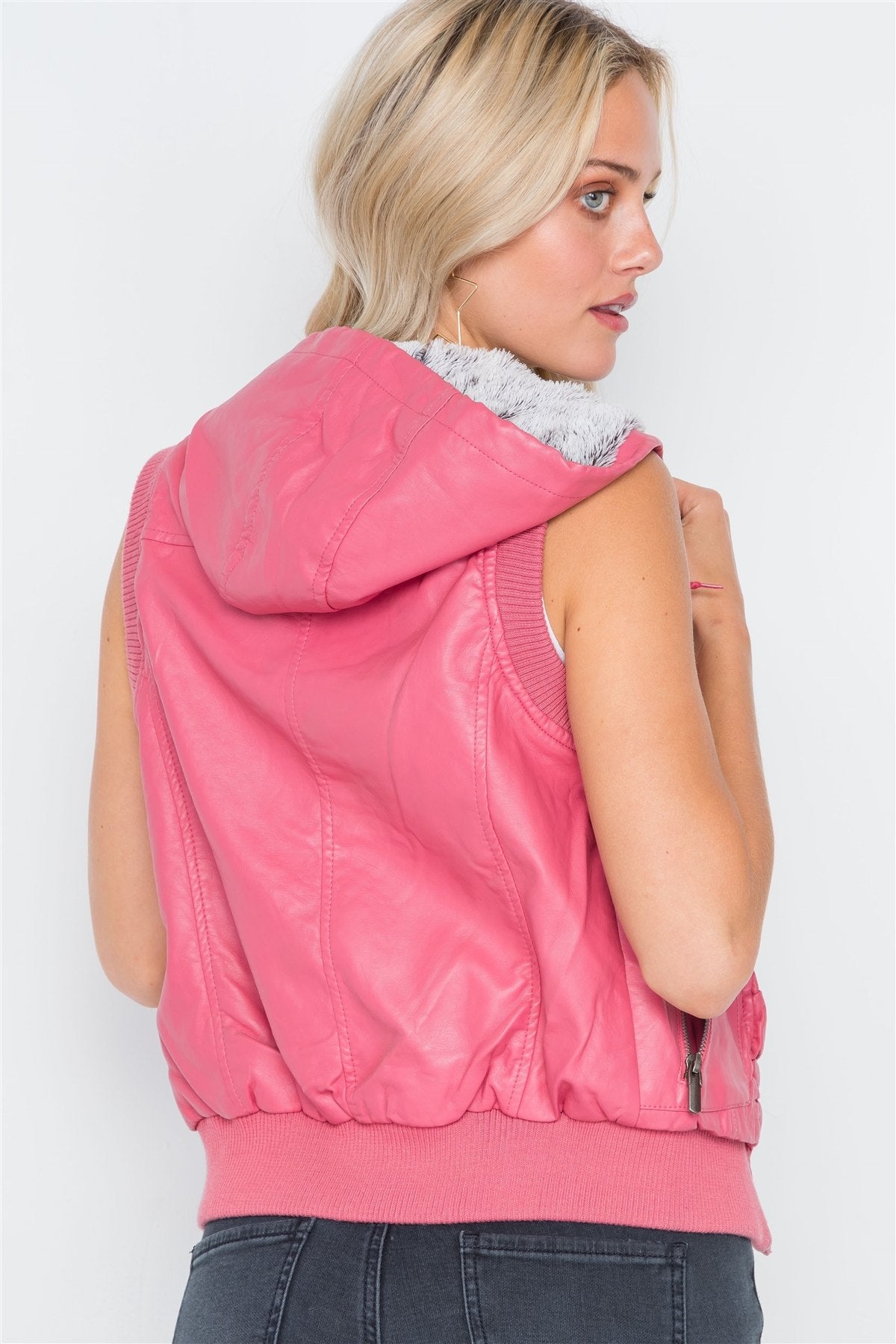 Pink Vegan Leather Shirred Faux Fur Lining Draw String Tie Hood Detail Vest