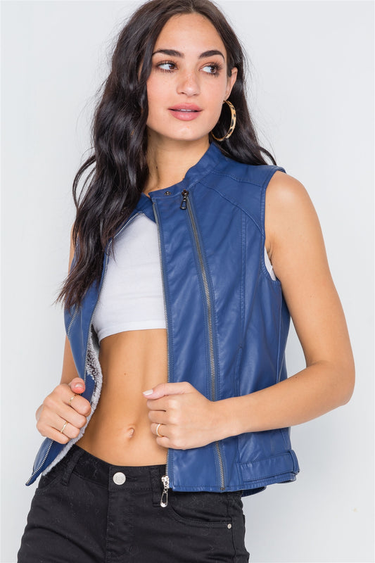 Blue Vegan Leather Faux Fur Lining Triple Zip-up Detail Moto Vest