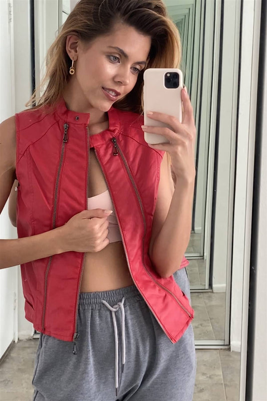 Red Vegan Leather Faux Fur Lining Triple Zip-up Detail Moto Vest