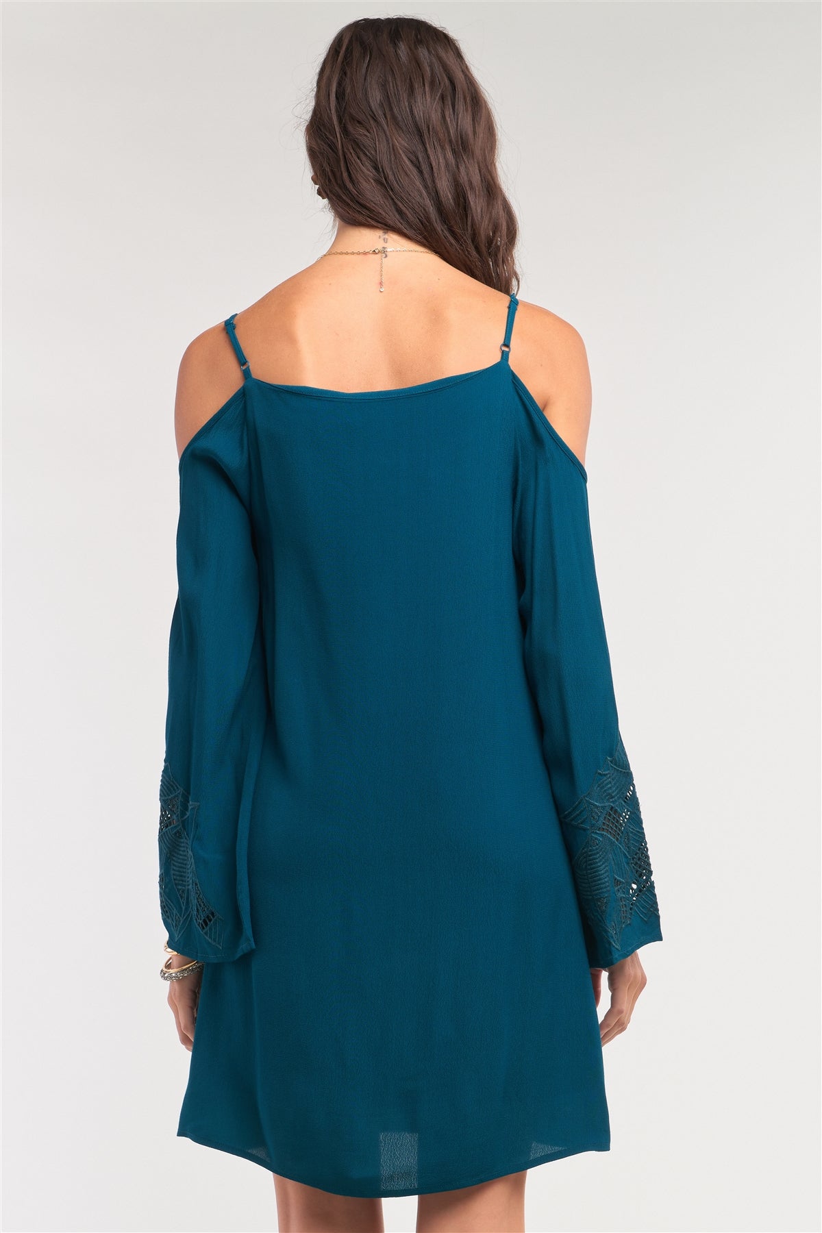 Teal Green Off-the-shoulder Flare Long Sleeve Square Neck Crochet Embroidery Mini Dress