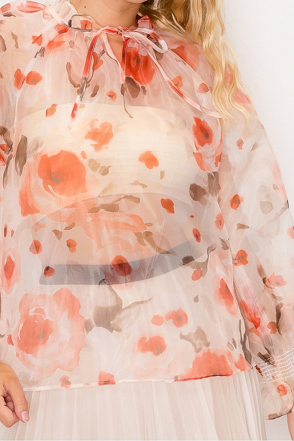 Floral Print Ruffled Organza Top