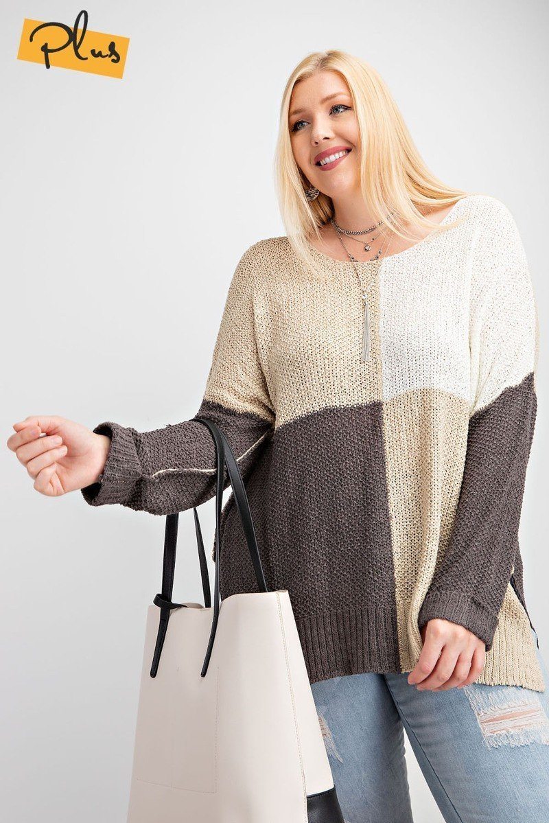 Color Block Long Sleeve Knitted Sweater Top