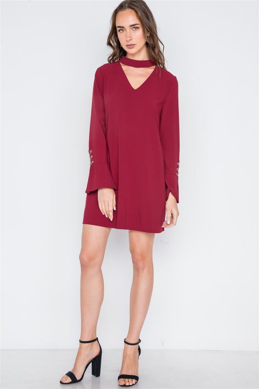 Long Sleeve V-cut Out Solid Mini Dress