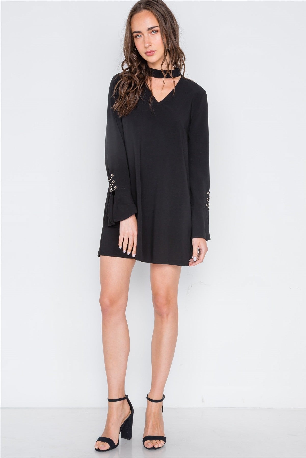 Long Sleeve V-cut Out Solid Mini Dress