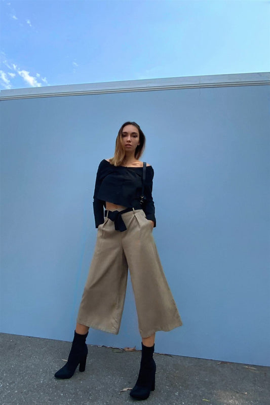 Beige High Waist Self-tie Belt Detail Flare Capri Pants