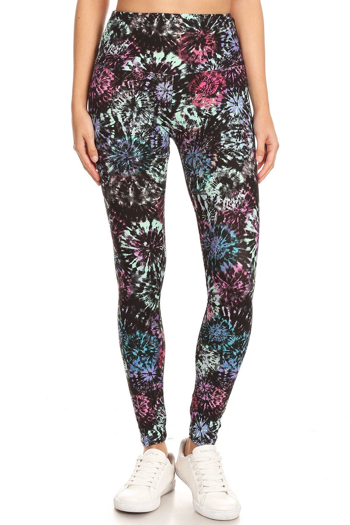 5-inch Long Yoga Style Banded Lined Tie Dye Printed Knit Legging With High Waist.