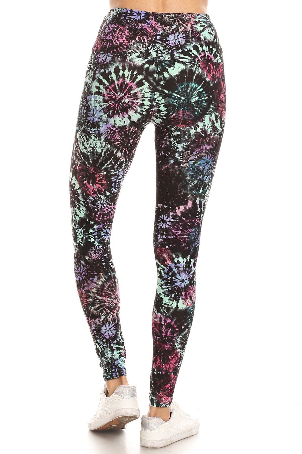 5-inch Long Yoga Style Banded Lined Tie Dye Printed Knit Legging With High Waist.