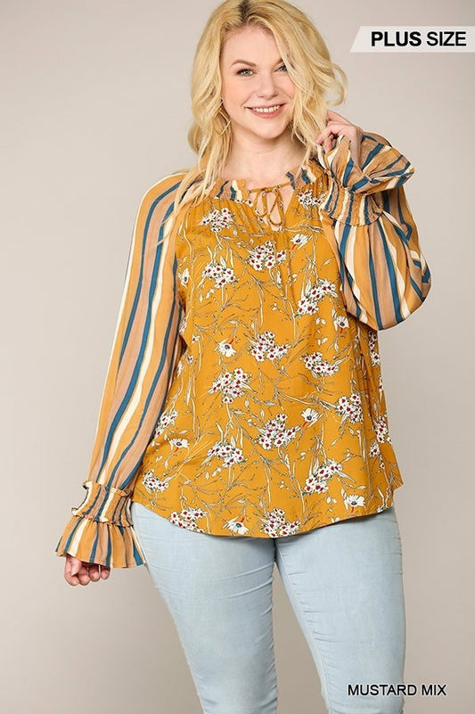 Print Mixed Peasant Smocked Top