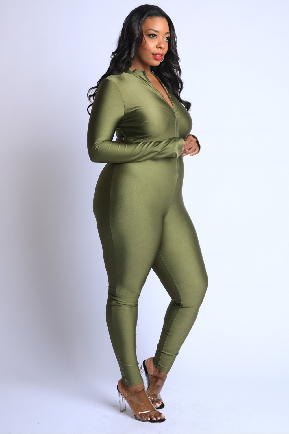 Thumbhole Mock Neck Zip Up Jumpsuit