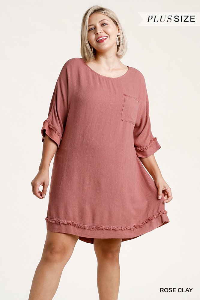 Linen Blend Round Neck Half Sleeve Dress With Chest Pocket And Frayed Edge Detail