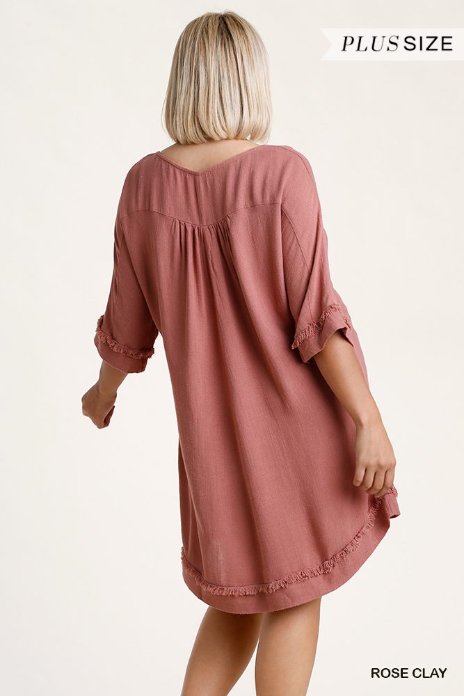 Linen Blend Round Neck Half Sleeve Dress With Chest Pocket And Frayed Edge Detail