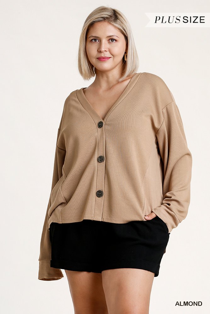 Linen Blend Button Down Cardigan With High Low Hem