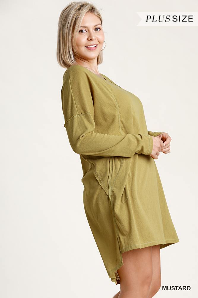 Long Raglan Sleeve Round Neck Raw Edged Detail Dress With Side Slits And Pockets