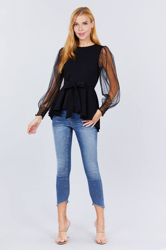 Mesh Puff Sleeve Peplum Top