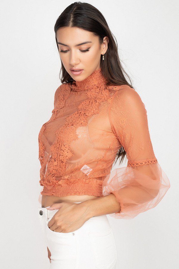 Lace Trim Balloon Sleeve Smocked Top