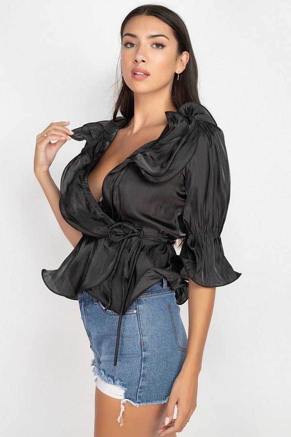 Surplice Short Sleeve Ruffle Top