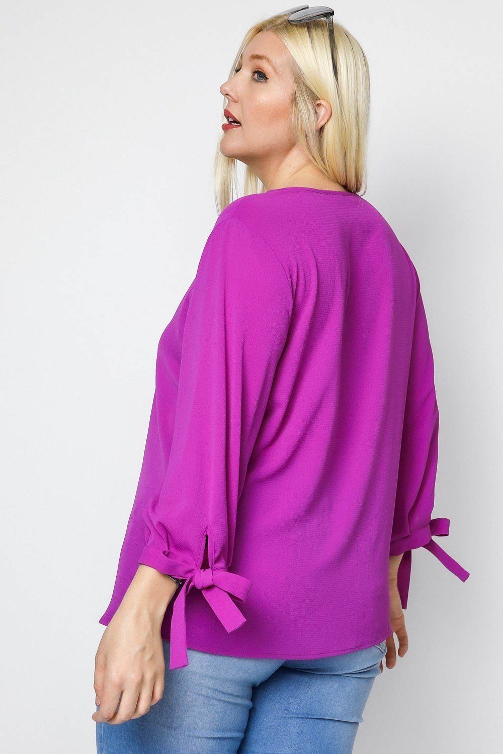 Solid V-neck 3/4 Sleeve Tie Accent Blouse Top