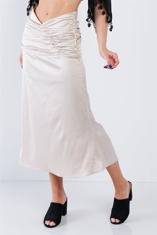 Satin Ruffle Waist Midi Skirt