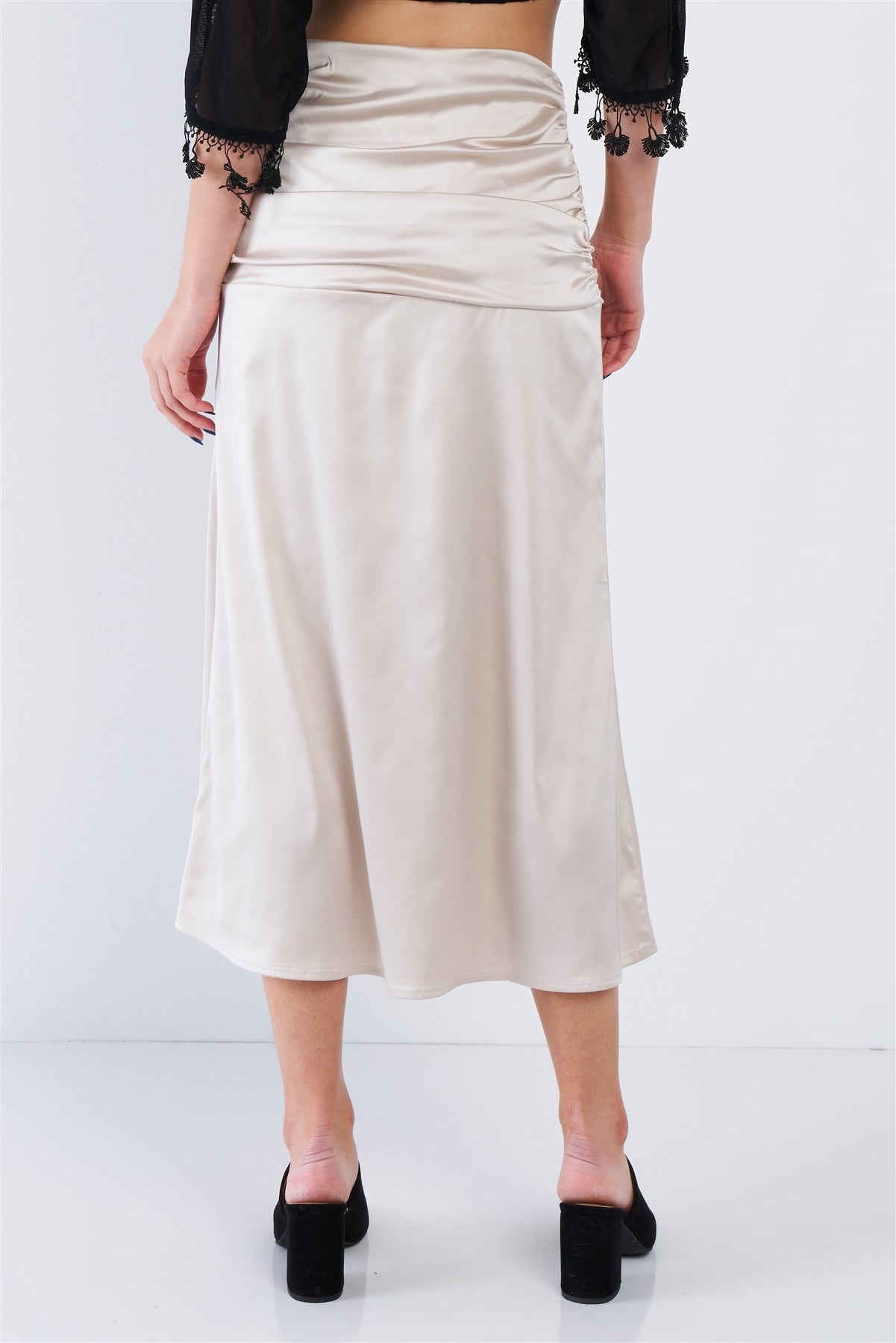 Satin Ruffle Waist Midi Skirt