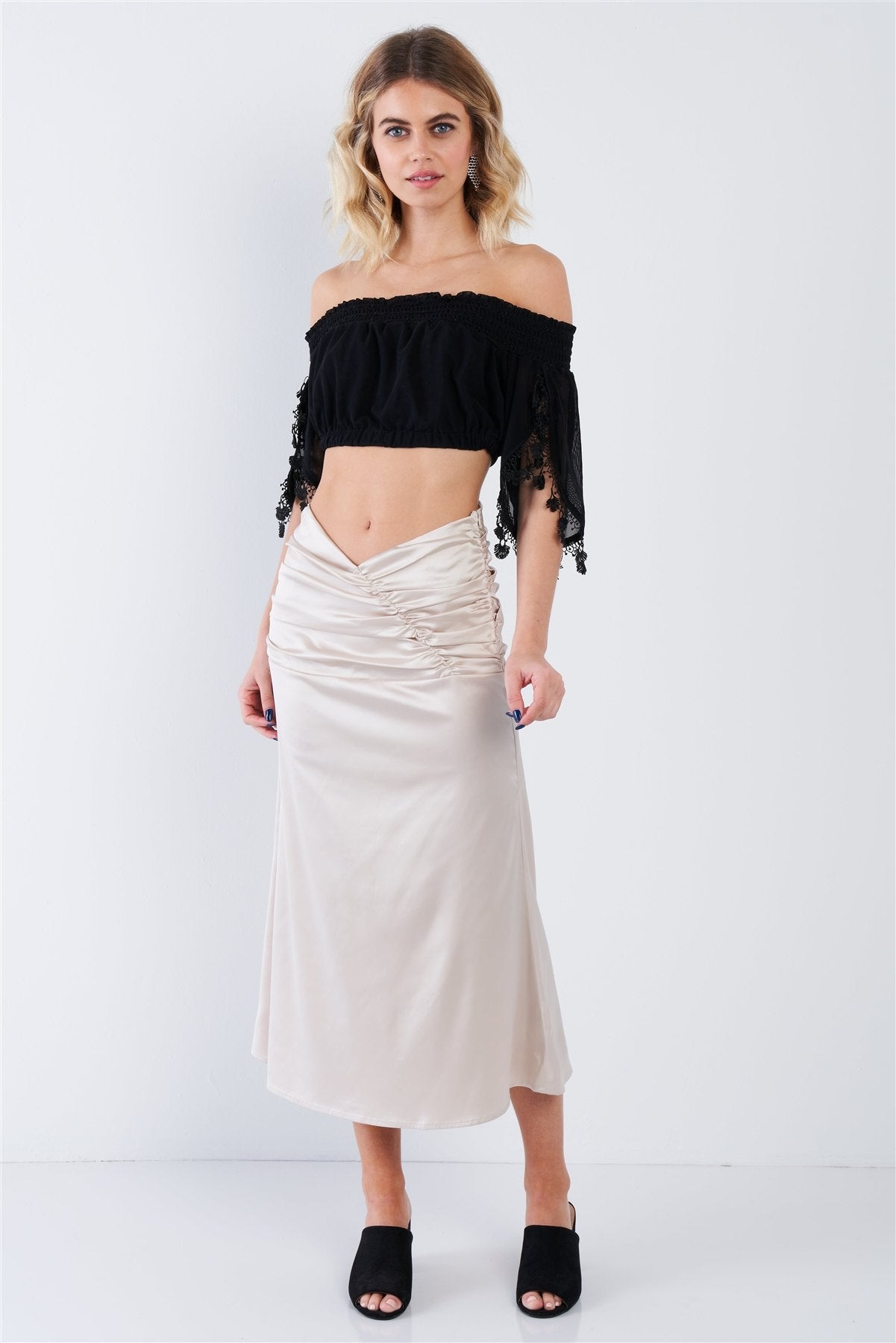 Satin Ruffle Waist Midi Skirt