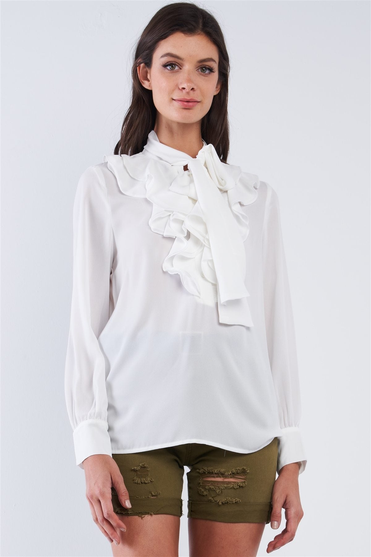 Vintage White Ruffle Button Down Self Tie Chest Long Sleeve Blouse Top