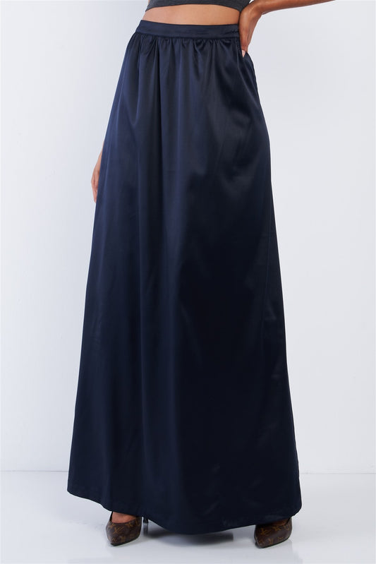 Solid Navy Blue Satin High Waist Flowing Maxi Skirt