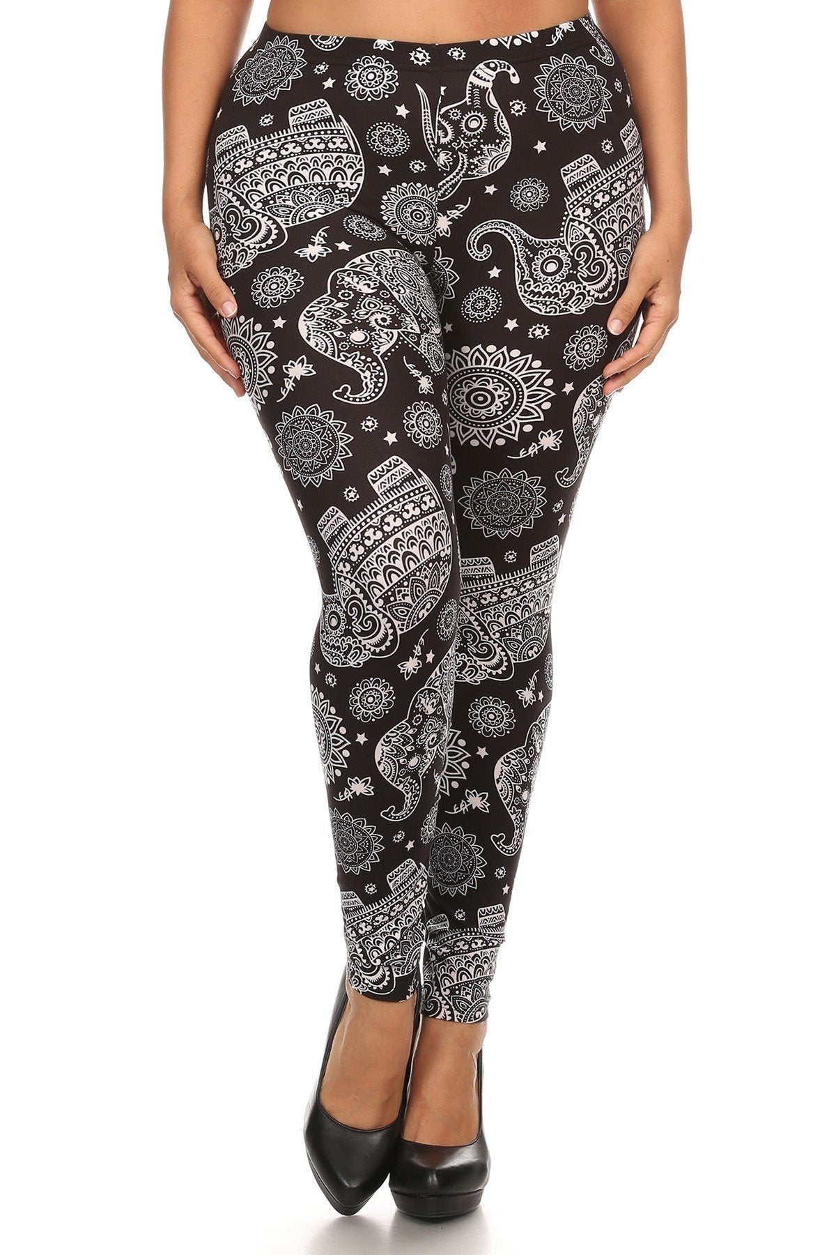 Plus Size Elephant Print, Full Length Leggings In A Slim Fitting Style With A Banded High Waist