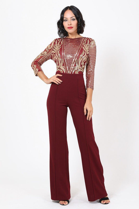 Open Back Gold Sequin Pattern Jumpsuit