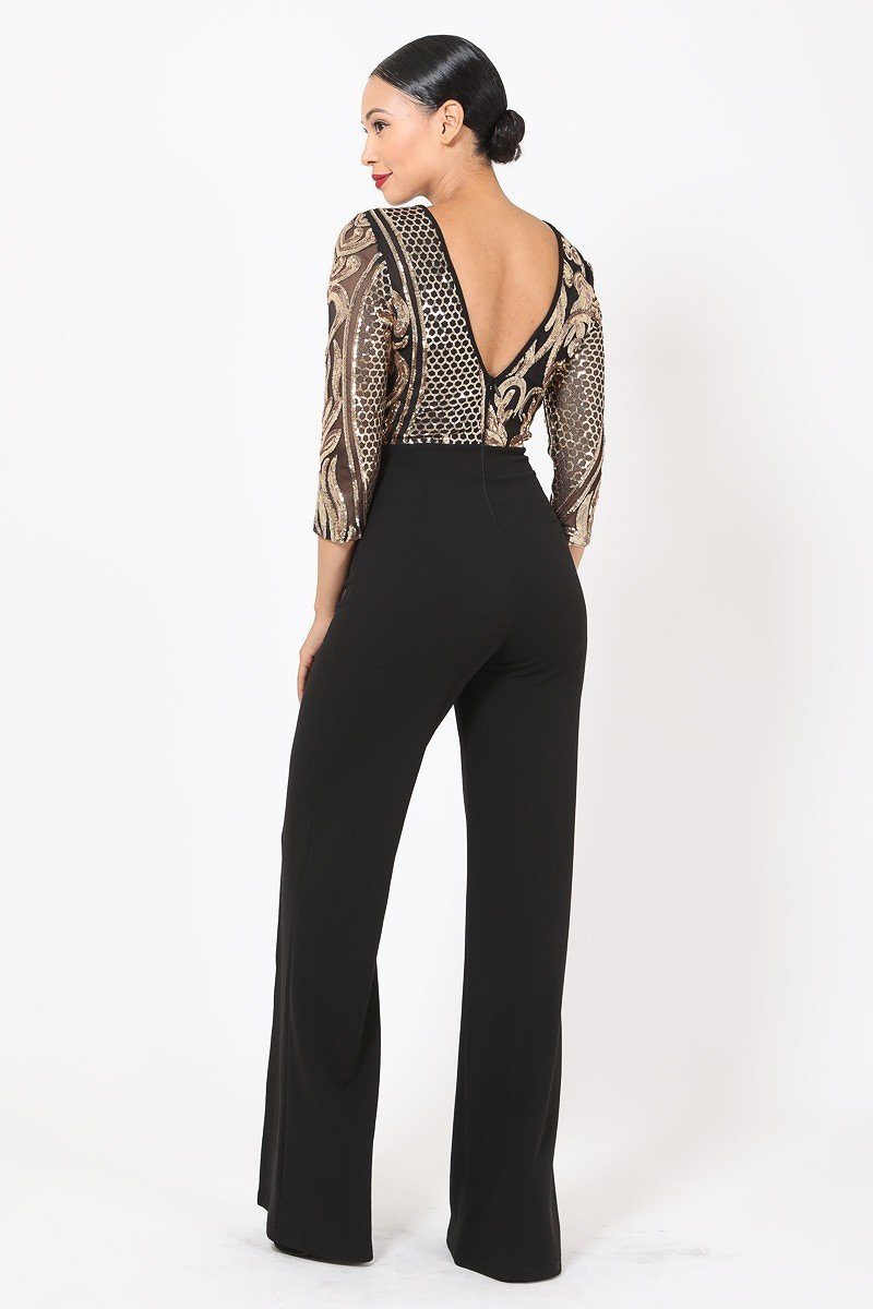 Open Back Gold Sequin Pattern Jumpsuit