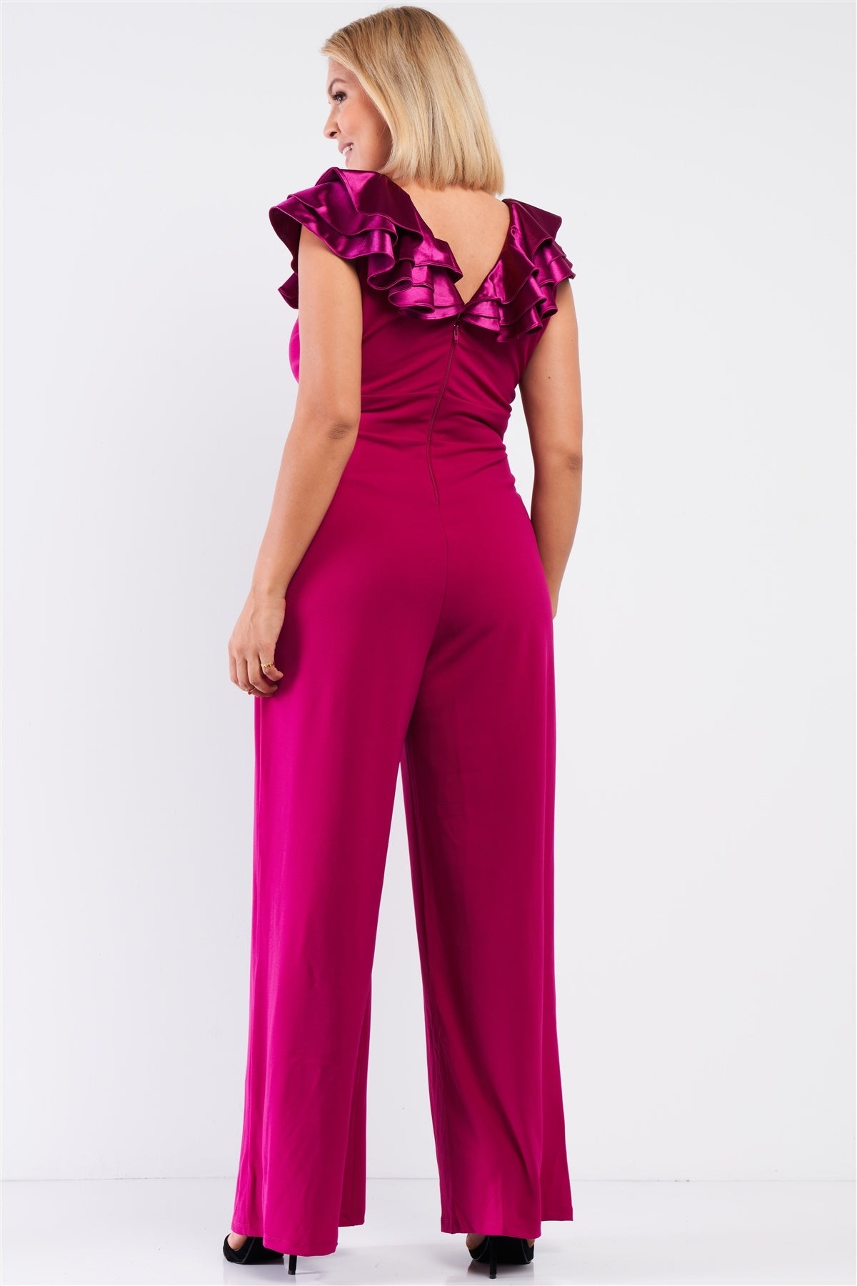 Plus Sleeveless Satin Ruffle Shoulder Detail V-neck Wide Leg Jumpsuit