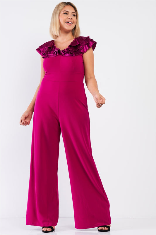 Plus Sleeveless Satin Ruffle Shoulder Detail V-neck Wide Leg Jumpsuit