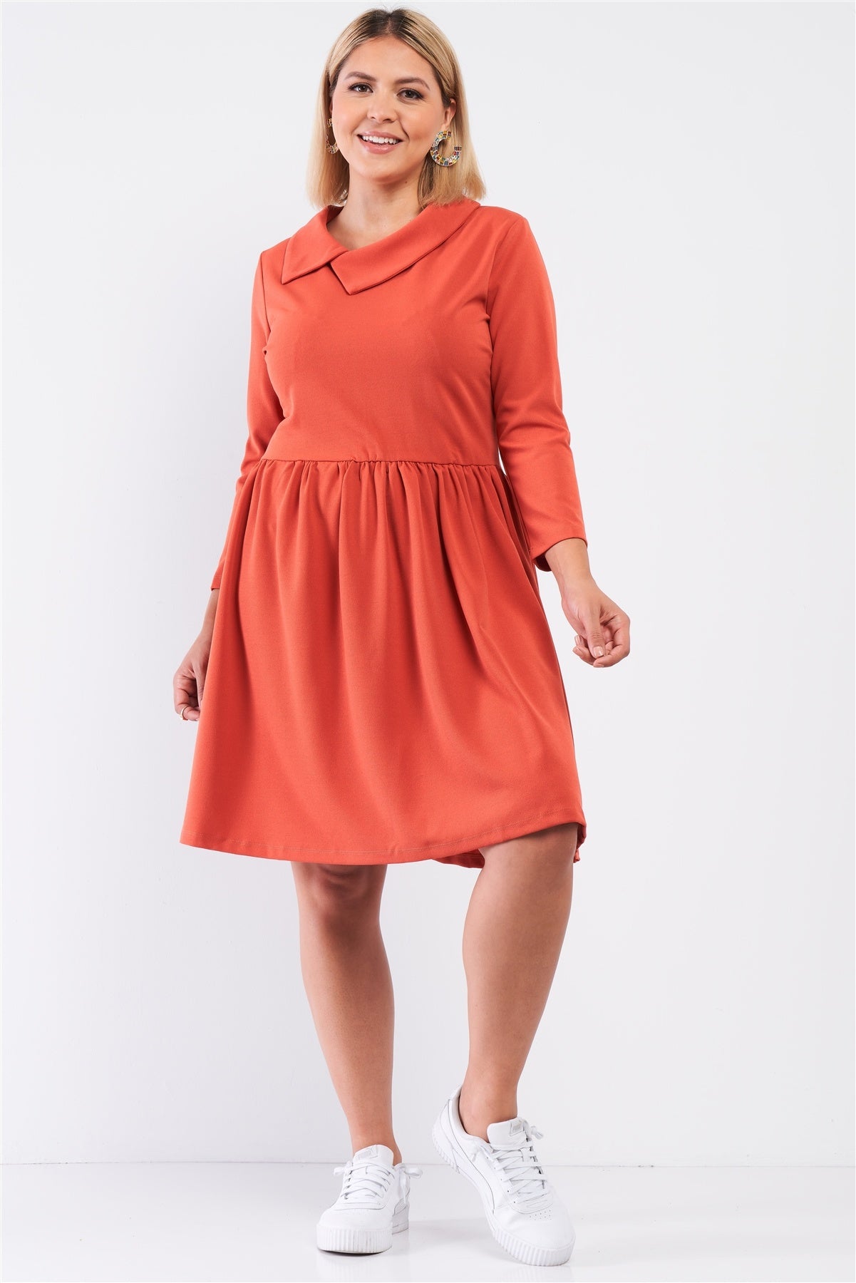 Plus Pleated Preppy Fit & Flare Long Sleeve Asymmetrical Peter Pan Collar Mini Dress