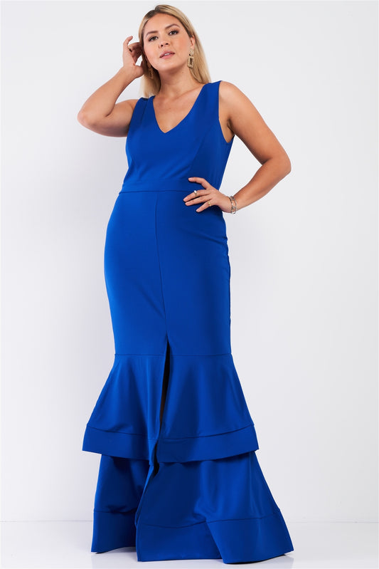 Plus Sleeveless V-neck Front Slip Layered Flare Hem Maxi Mermaid Dress