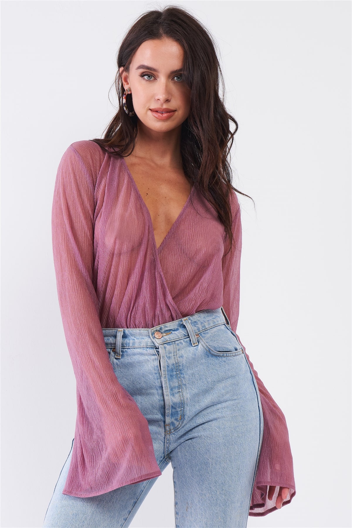 Long Flare Sleeve Deep Plunge V-neck Crushed Fabric Bodysuit