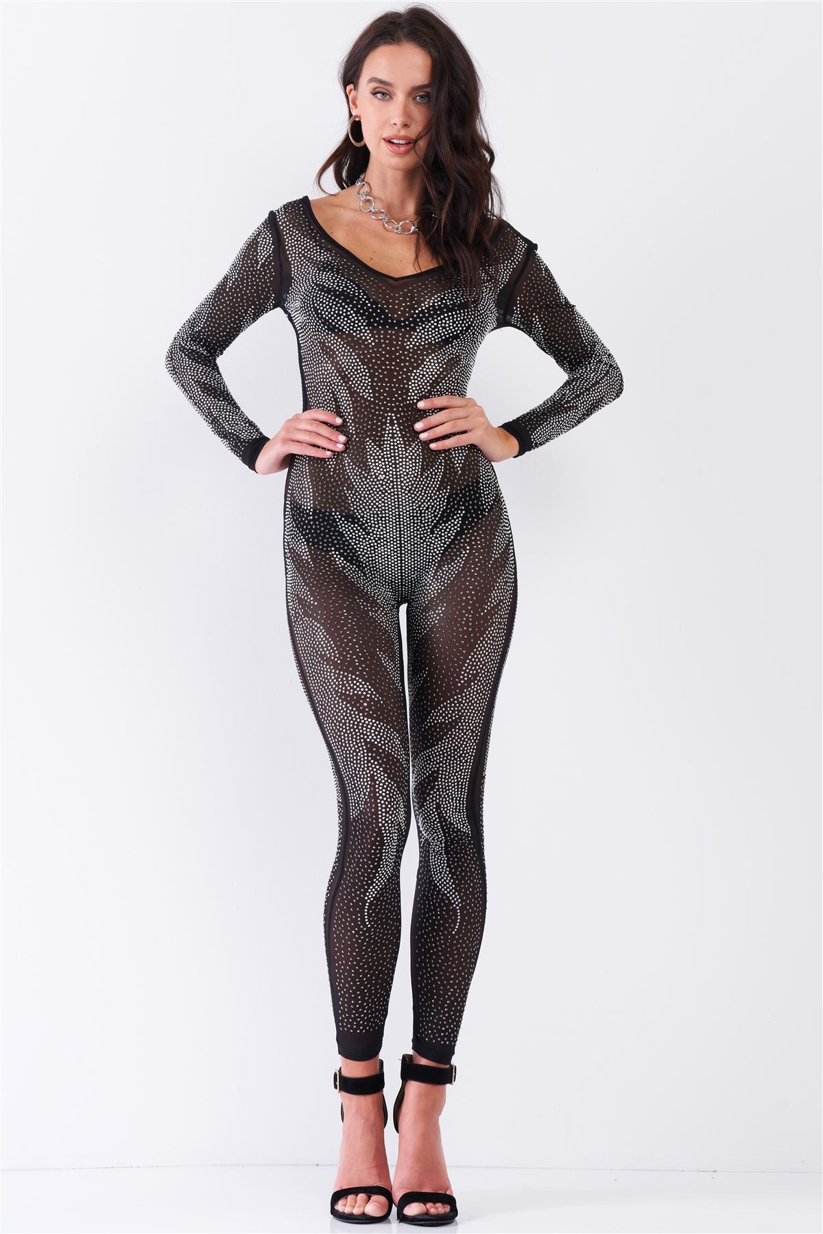 Black Rhinestone Embroidery Sheer Mesh Long Sleeve Bodycon Jumpsuit