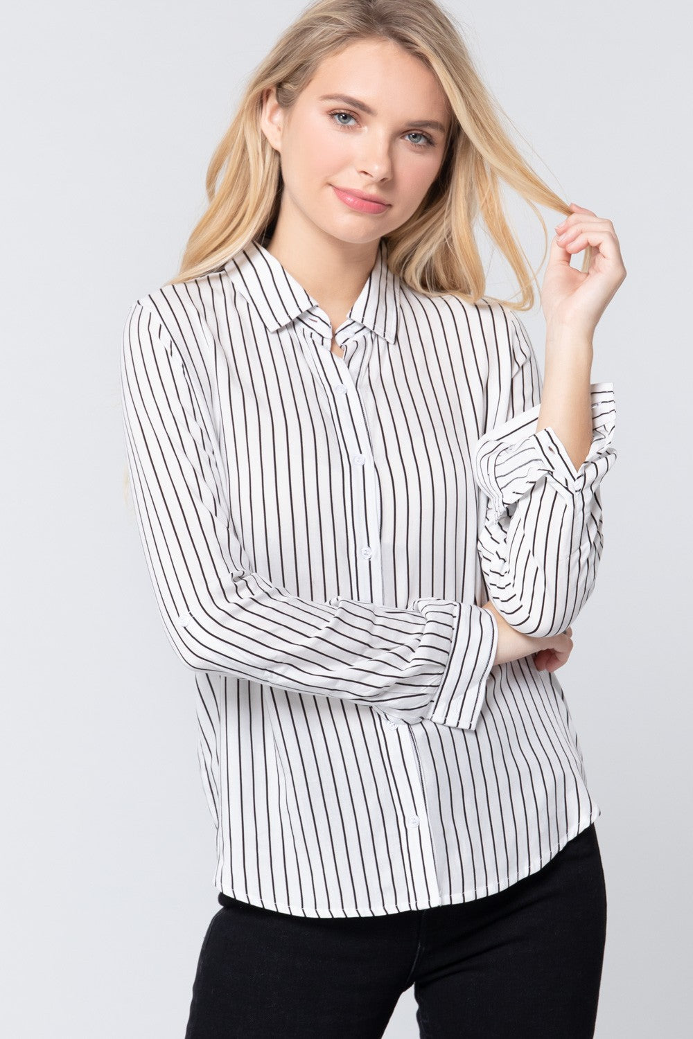 3/4 Roll Up Slv Stripe Print Shirt